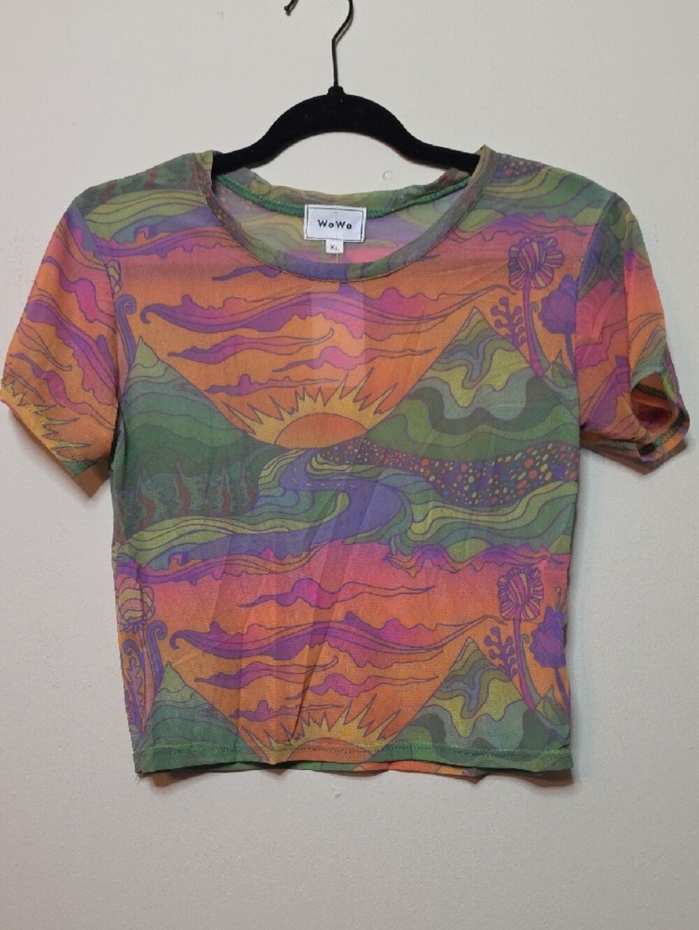 WoWo Sheer Mesh Multicolor Crop Top - Vibrant Print - Picture 2 of 5